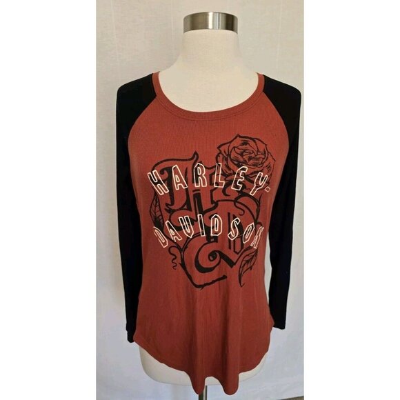 Harley Davidson Women Roses Rib Knit Long Sleeve Shirt Size Small Orange - Picture 1 of 7